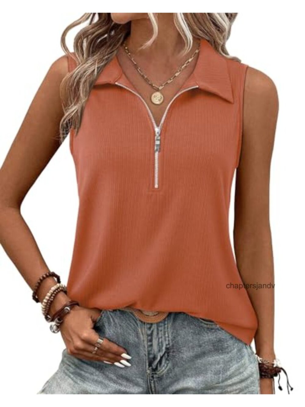 Ribbed Knit Zipper Tank Top - V Neck Sleeveless Dressy Casual Blouse
